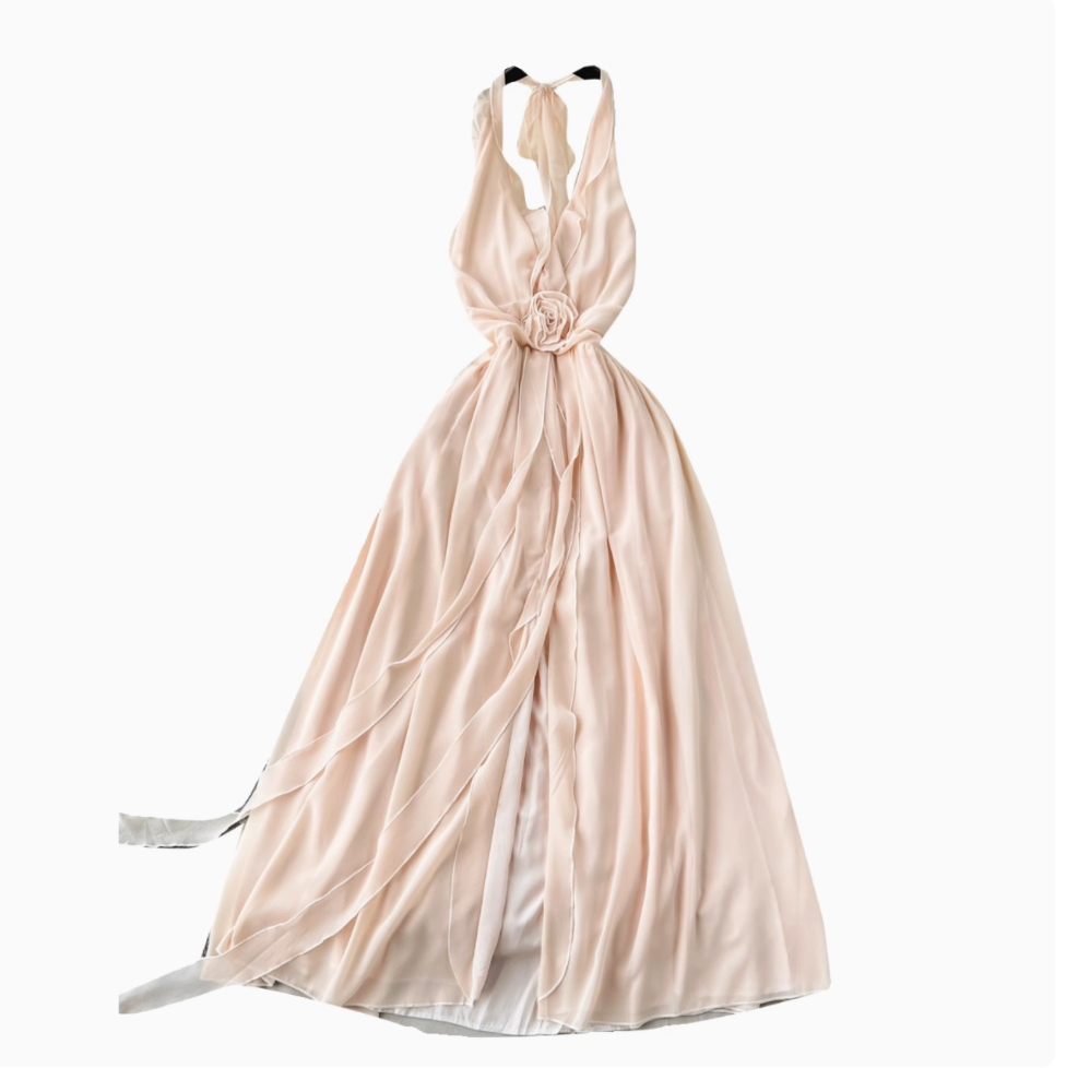 Elegant Hollowed Backless Chiffon Halter Dress