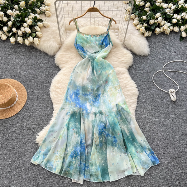 Vintage Ink Painting Tie-dye Slip Dress
