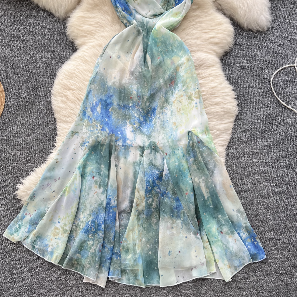 Vintage Ink Painting Tie-dye Slip Dress