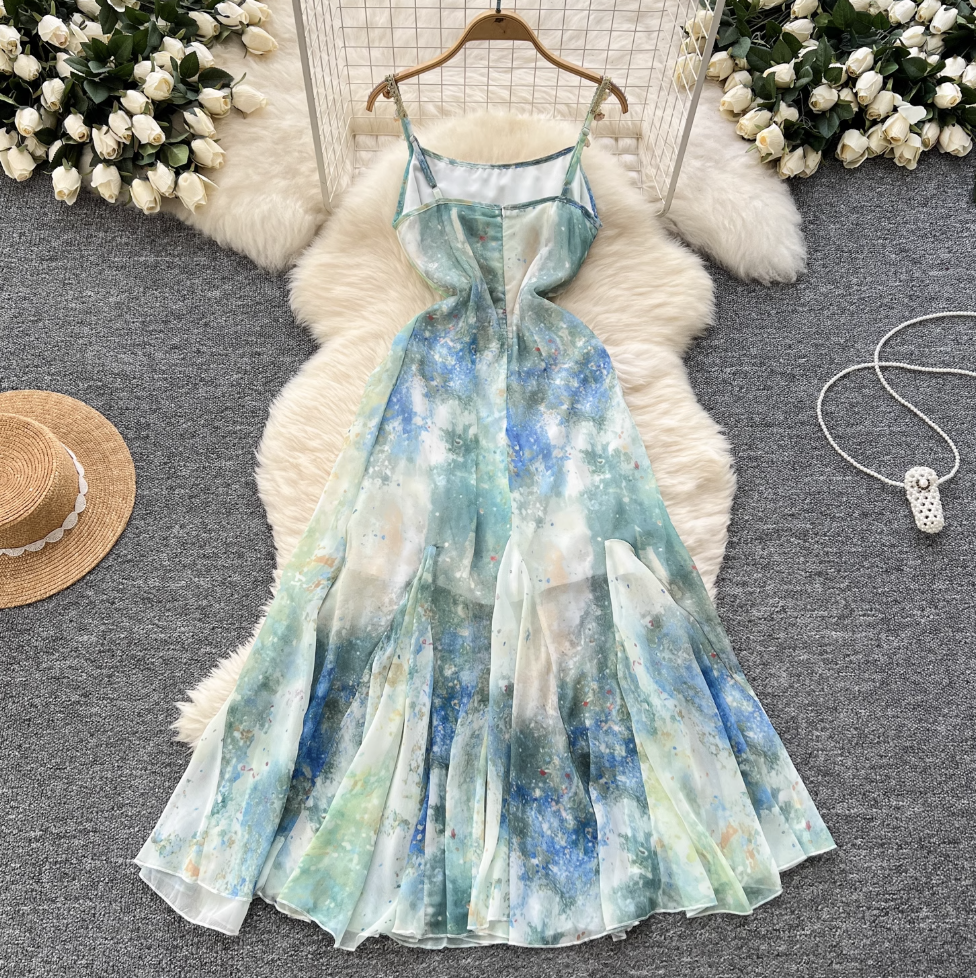 Vintage Ink Painting Tie-dye Slip Dress