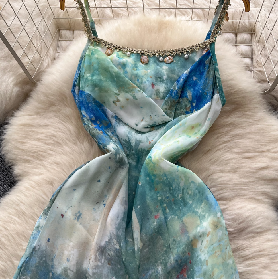 Vintage Ink Painting Tie-dye Slip Dress