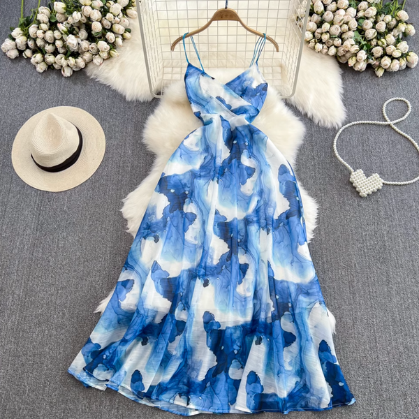 Blue Ink Painting Tie-dye Slip Dress