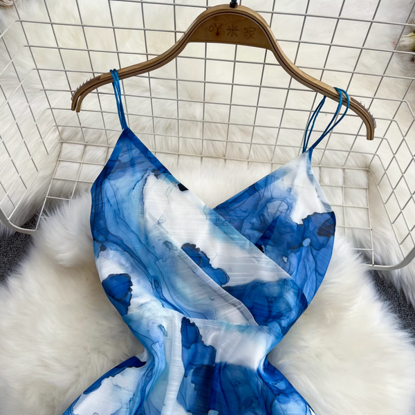 Blue Ink Painting Tie-dye Slip Dress