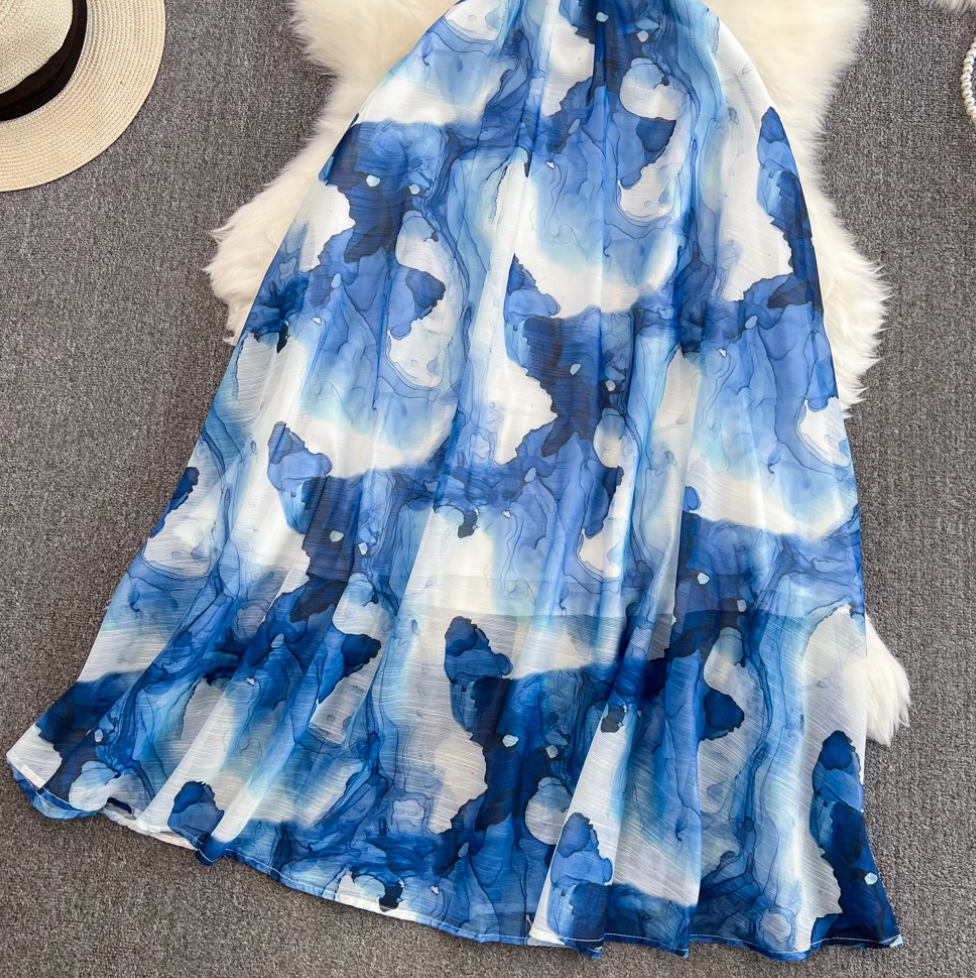 Blue Ink Painting Tie-dye Slip Dress