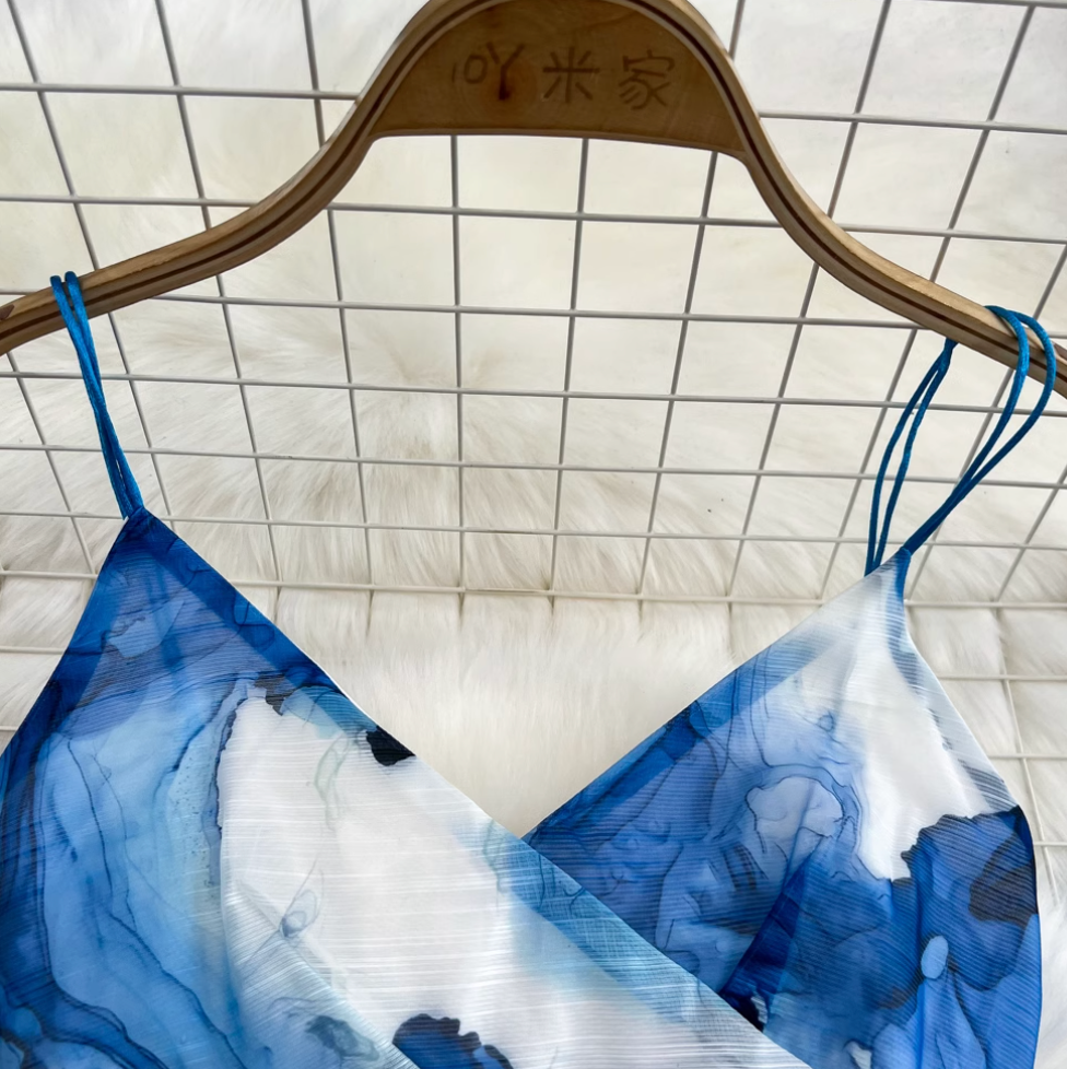 Blue Ink Painting Tie-dye Slip Dress