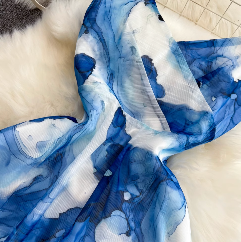 Blue Ink Painting Tie-dye Slip Dress