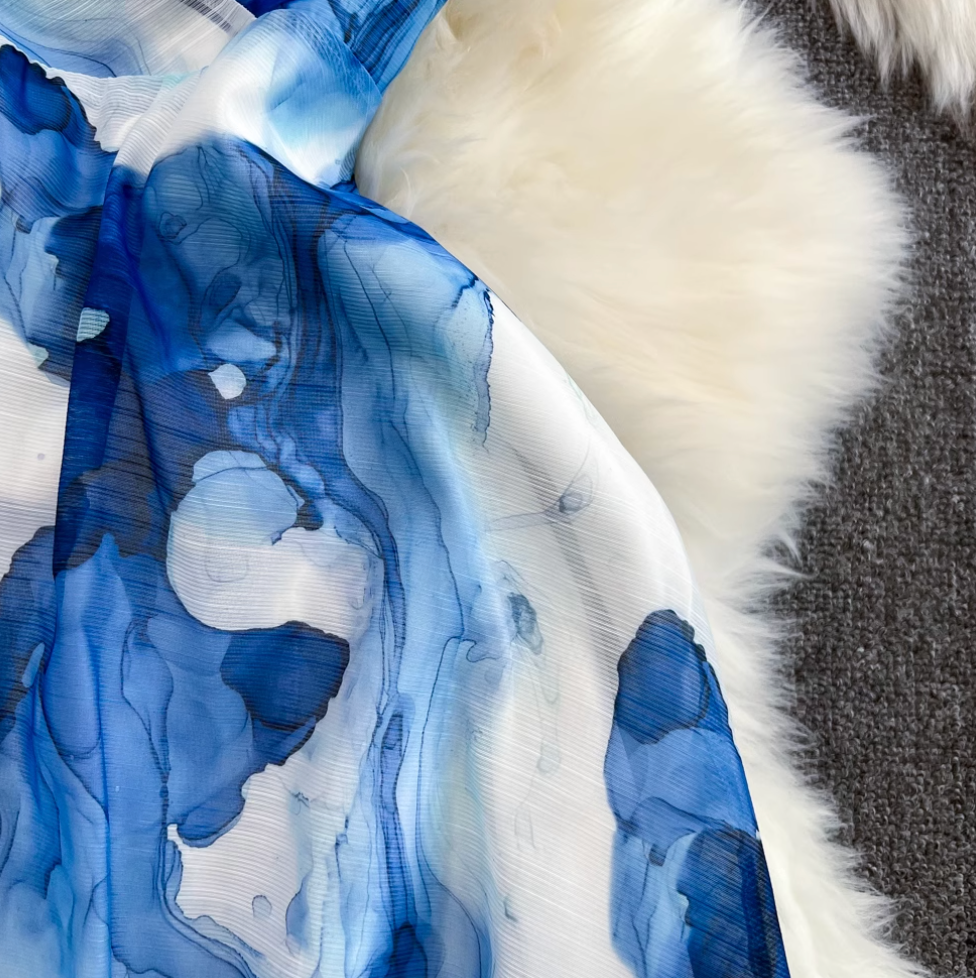 Blue Ink Painting Tie-dye Slip Dress