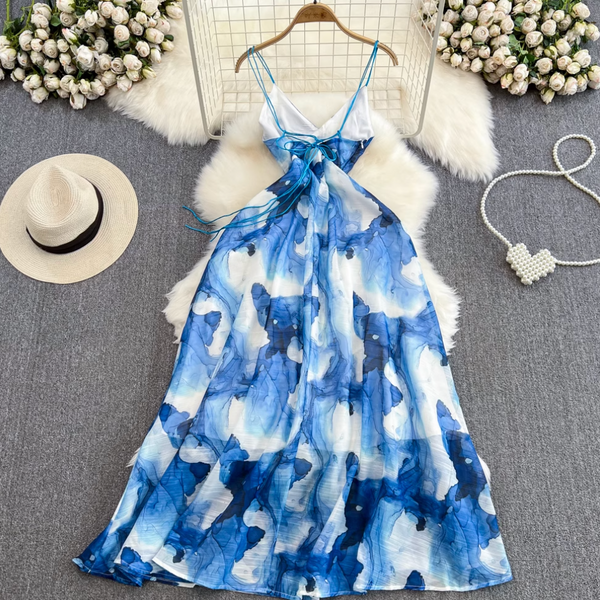 Blue Ink Painting Tie-dye Slip Dress