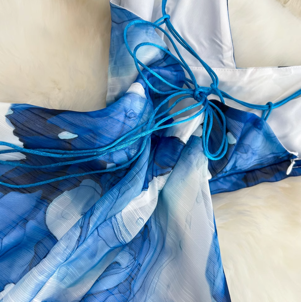 Blue Ink Painting Tie-dye Slip Dress