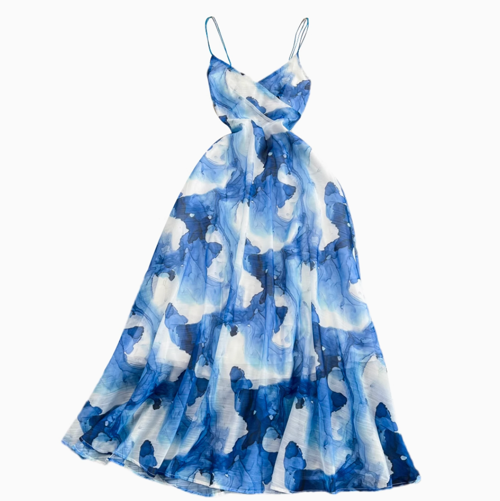 Blue Ink Painting Tie-dye Slip Dress