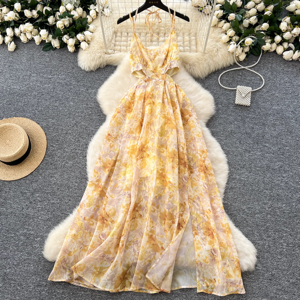 Vintage Yellow Floral Lace-up Halter Dress