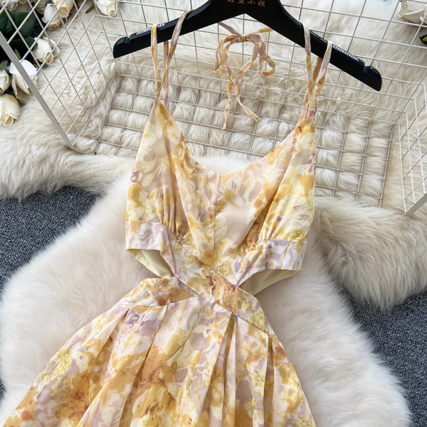 Vintage Yellow Floral Lace-up Halter Dress