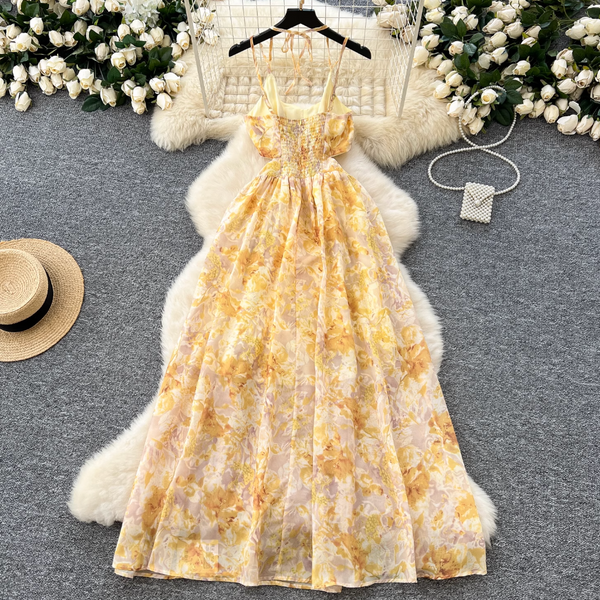 Vintage Yellow Floral Lace-up Halter Dress