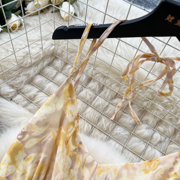 Vintage Yellow Floral Lace-up Halter Dress