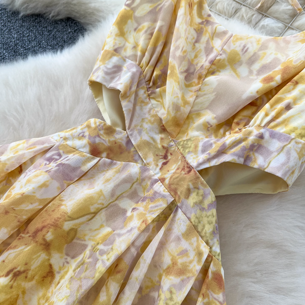 Vintage Yellow Floral Lace-up Halter Dress