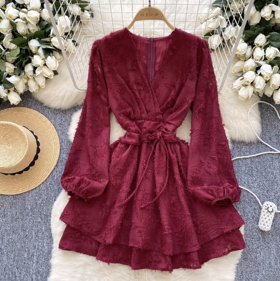 Premium V-neck Embroidery Fringed Dress