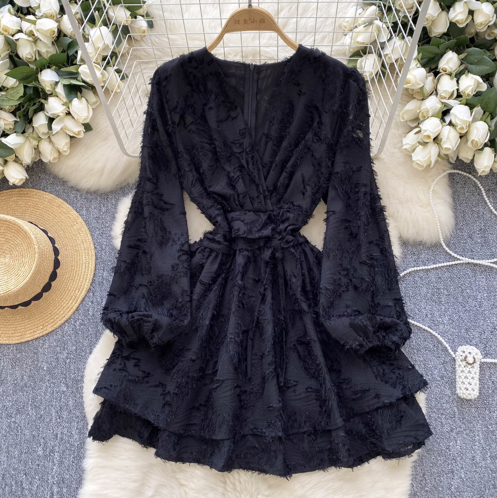 Premium V-neck Embroidery Fringed Dress