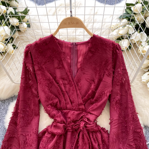 Premium V-neck Embroidery Fringed Dress