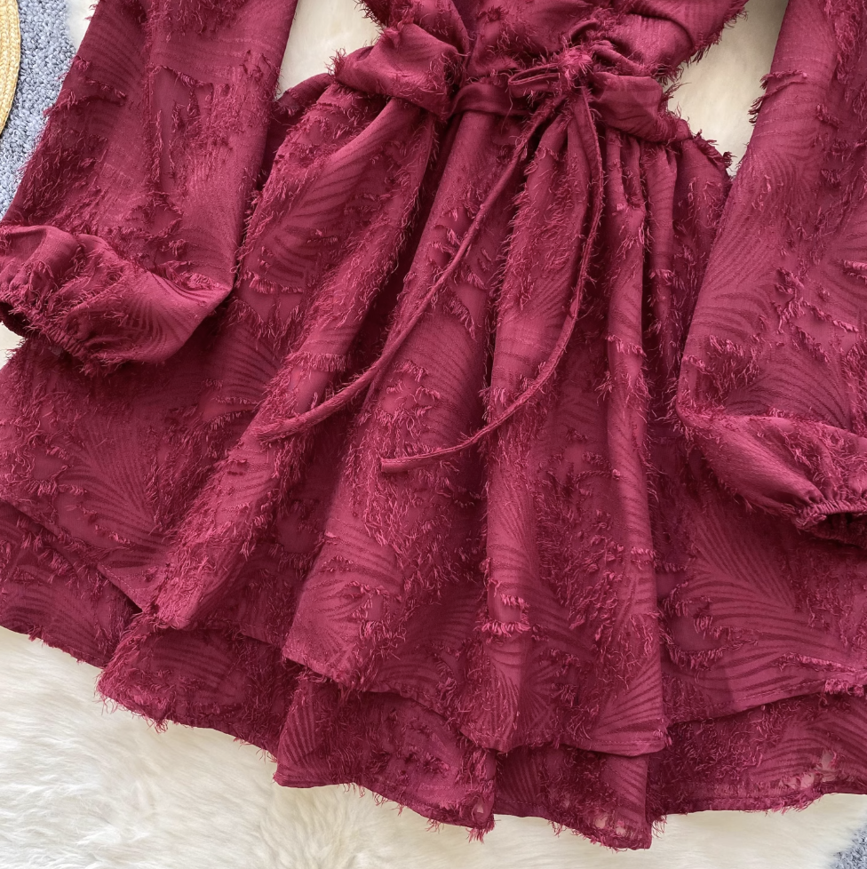 Premium V-neck Embroidery Fringed Dress