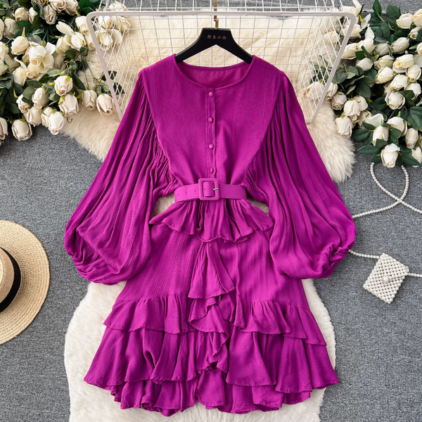 Vintage Puffy Sleeve Ruffled Shirt Dress