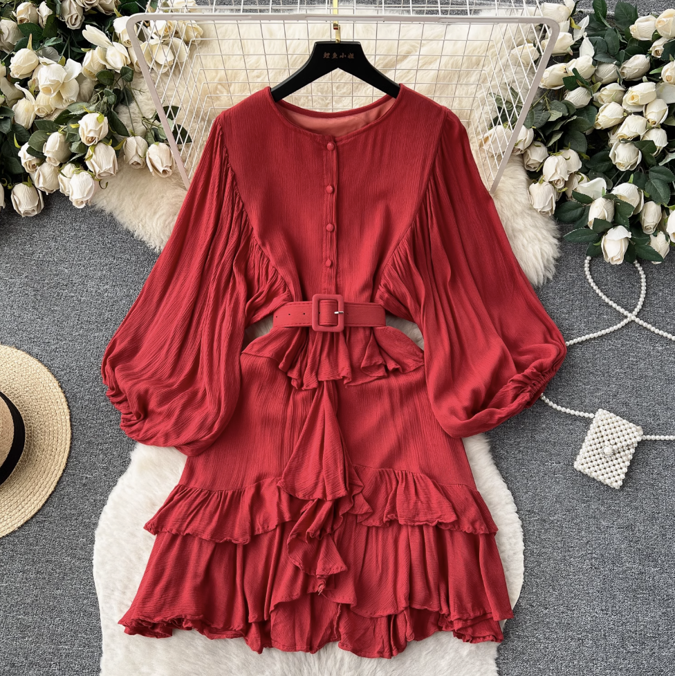 Vintage Puffy Sleeve Ruffled Shirt Dress