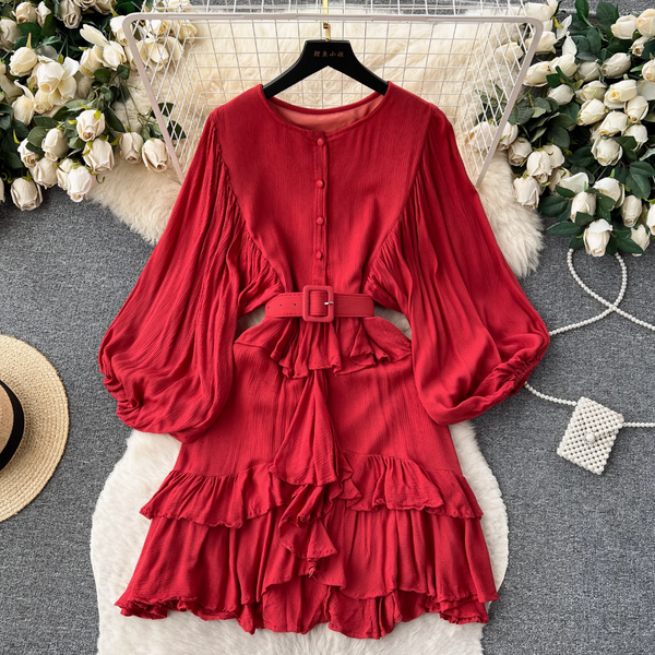 Vintage Puffy Sleeve Ruffled Shirt Dress