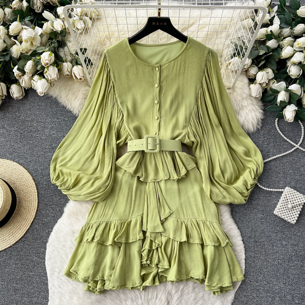 Vintage Puffy Sleeve Ruffled Shirt Dress