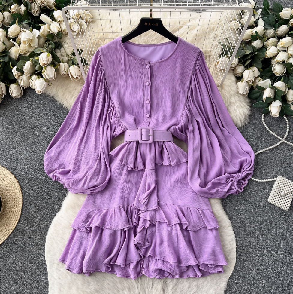 Vintage Puffy Sleeve Ruffled Shirt Dress