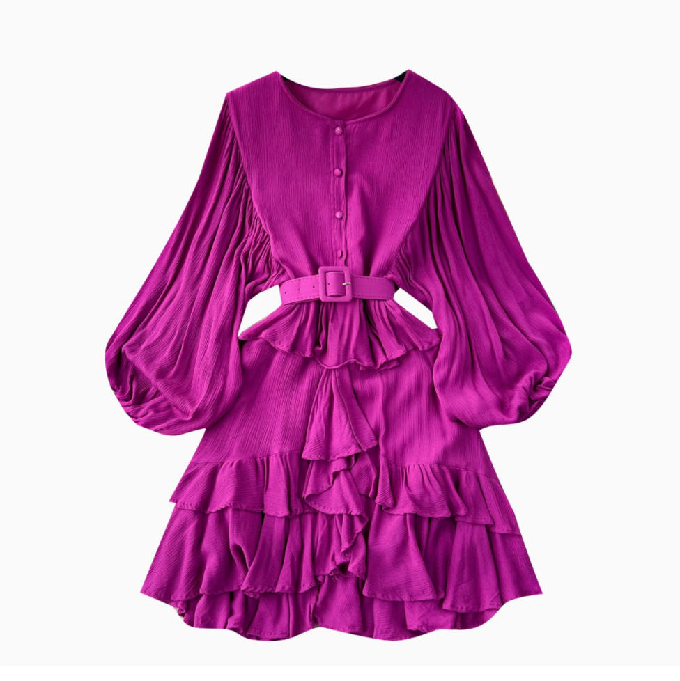 Vintage Puffy Sleeve Ruffled Shirt Dress