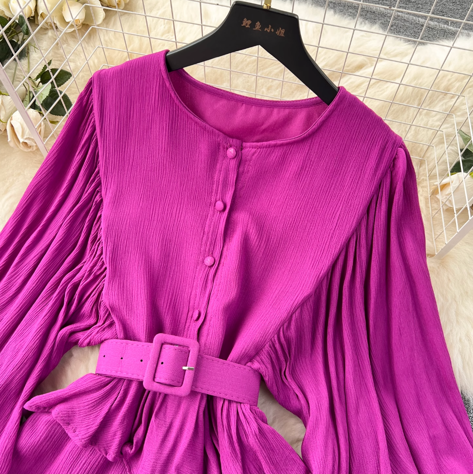Vintage Puffy Sleeve Ruffled Shirt Dress