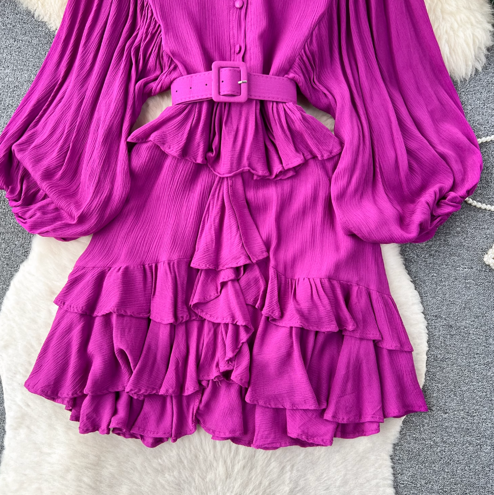 Vintage Puffy Sleeve Ruffled Shirt Dress