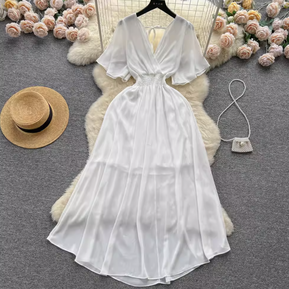 V-neck Stretchy Solid Color Chiffon Dress