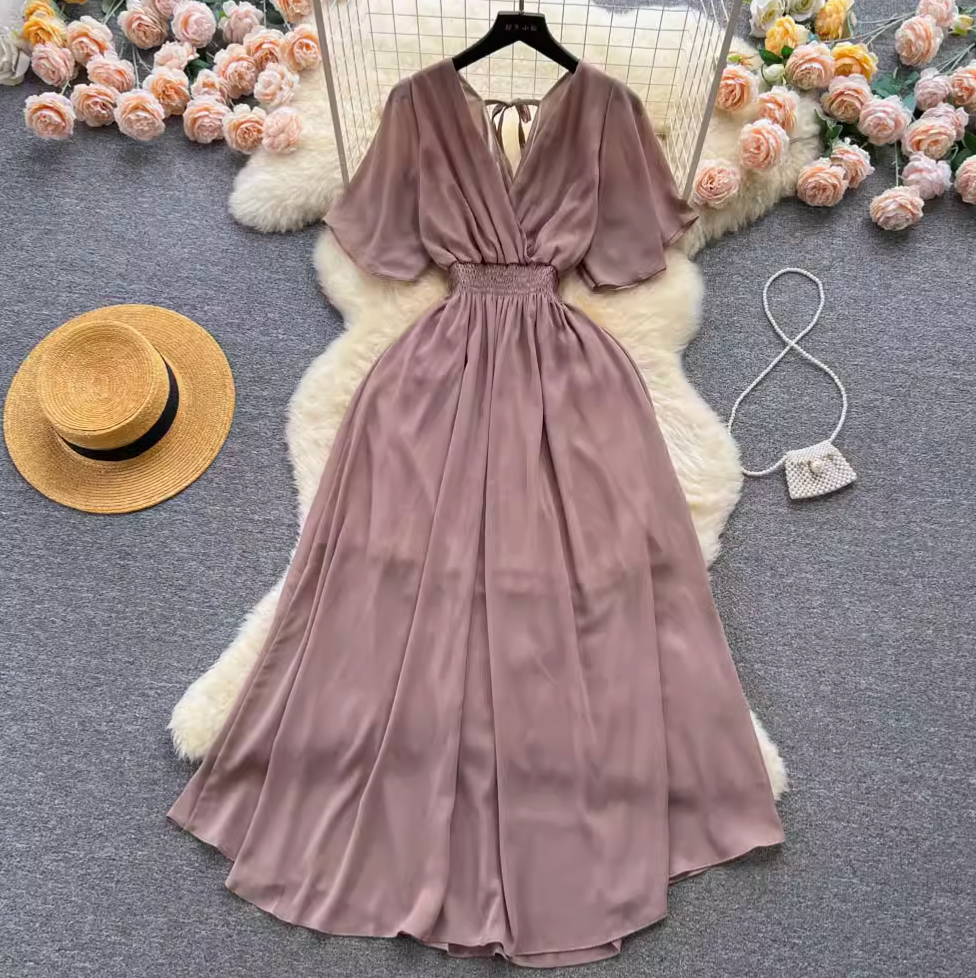 V-neck Stretchy Solid Color Chiffon Dress