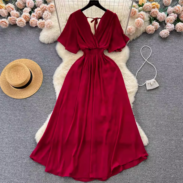 V-neck Stretchy Solid Color Chiffon Dress