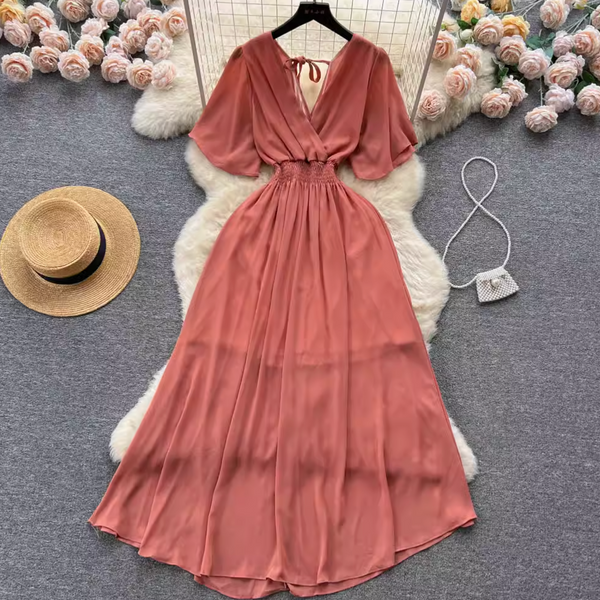 V-neck Stretchy Solid Color Chiffon Dress