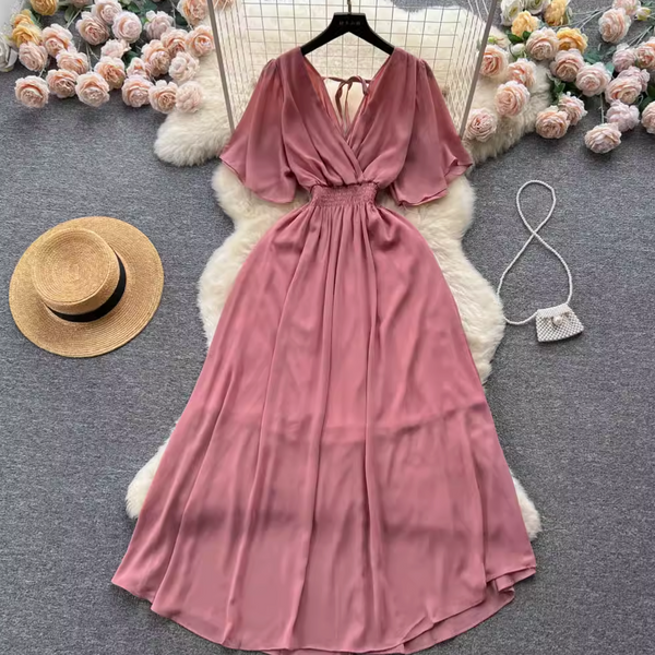 V-neck Stretchy Solid Color Chiffon Dress