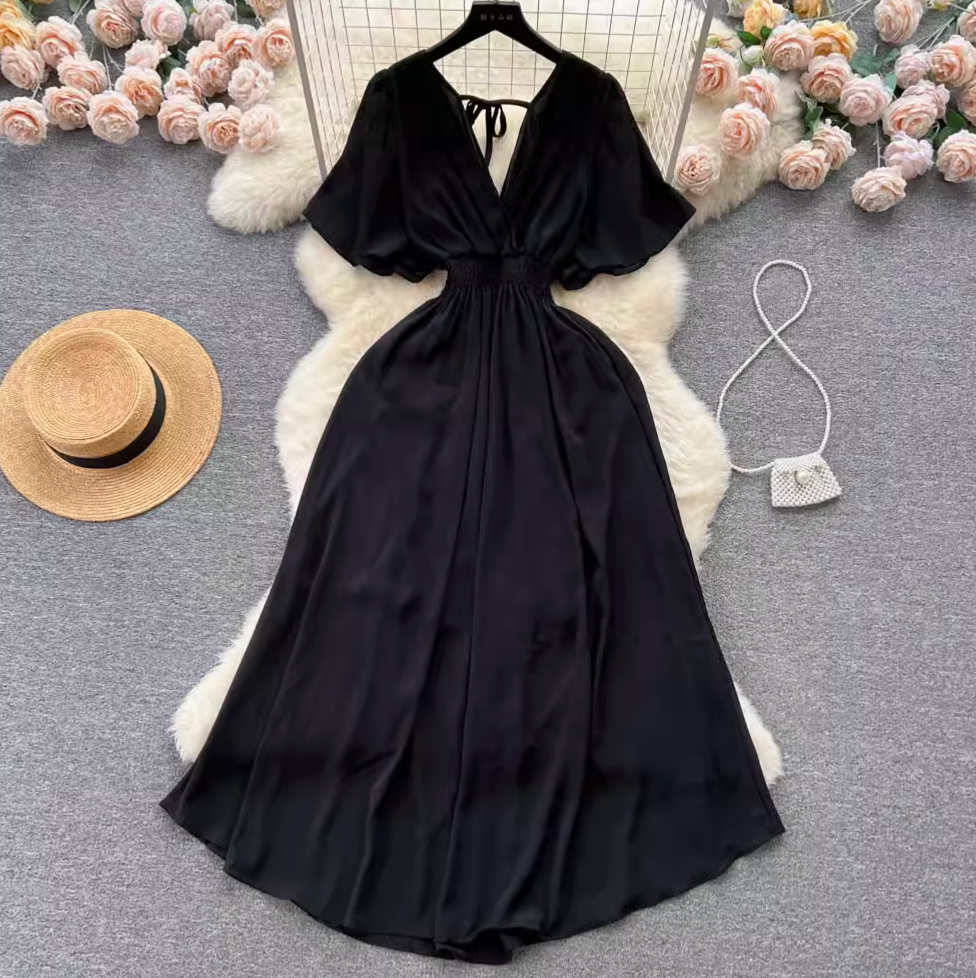 V-neck Stretchy Solid Color Chiffon Dress