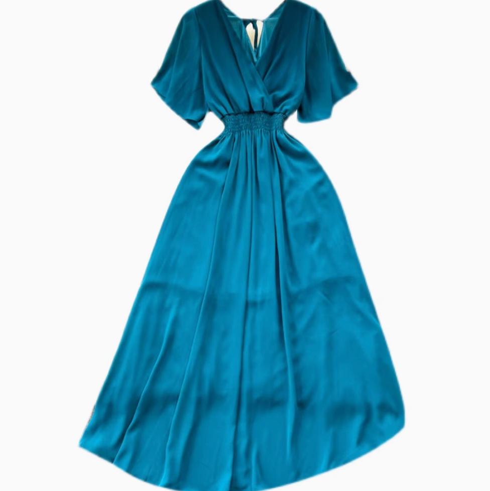 V-neck Stretchy Solid Color Chiffon Dress