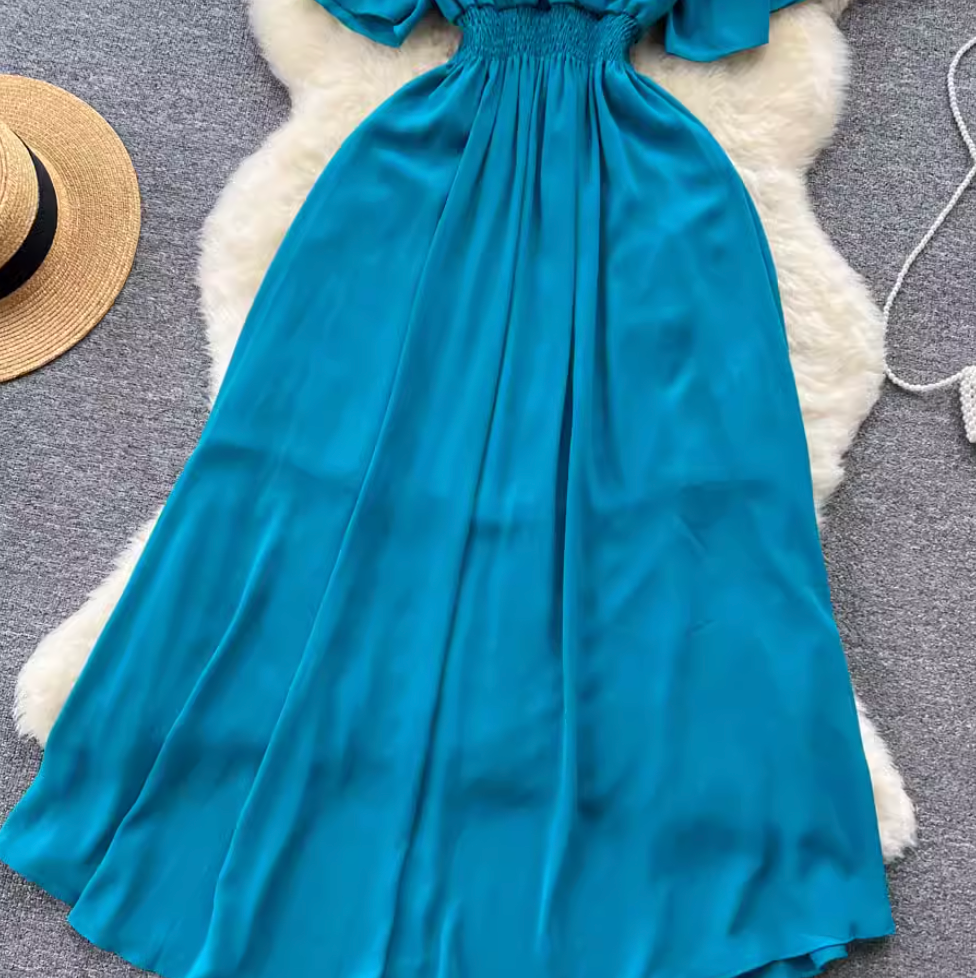 V-neck Stretchy Solid Color Chiffon Dress