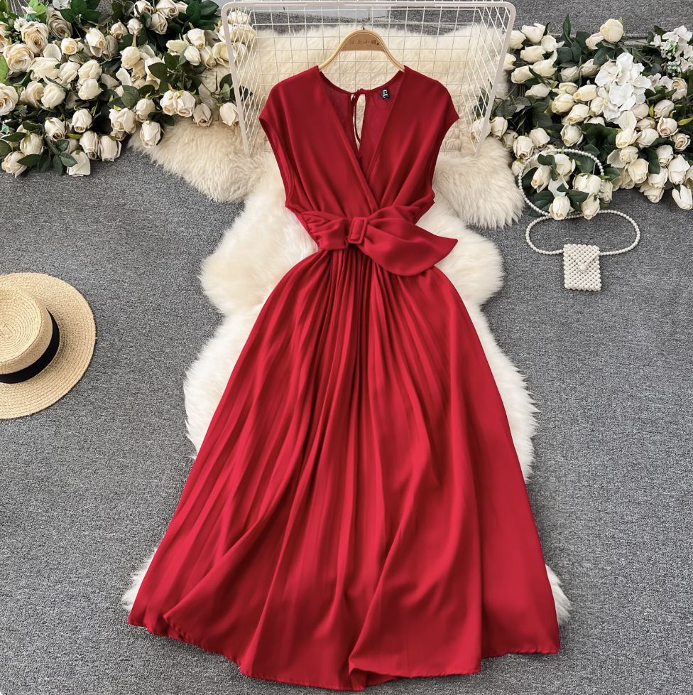 V-neck Knotted Bow Pleated Dress