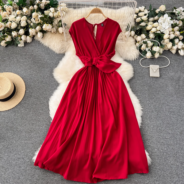 V-neck Knotted Bow Pleated Dress