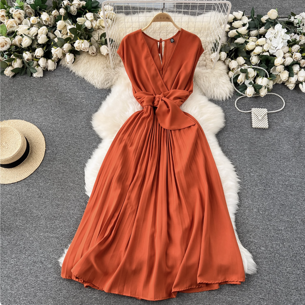 V-neck Knotted Bow Pleated Dress