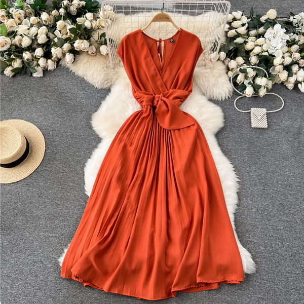 V-neck Knotted Bow Pleated Dress