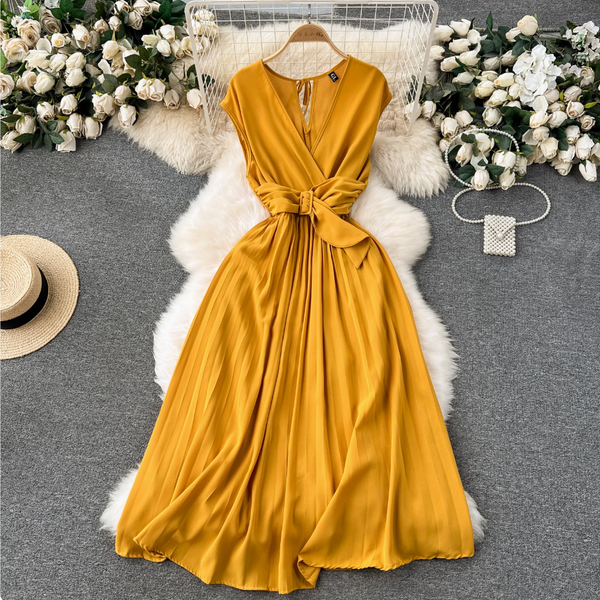 V-neck Knotted Bow Pleated Dress