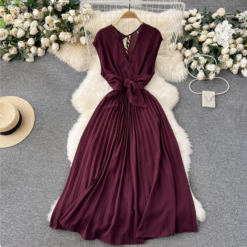 V-neck Knotted Bow Pleated Dress