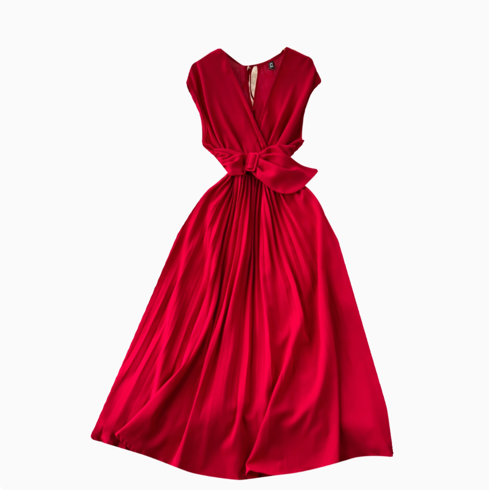 V-neck Knotted Bow Pleated Dress