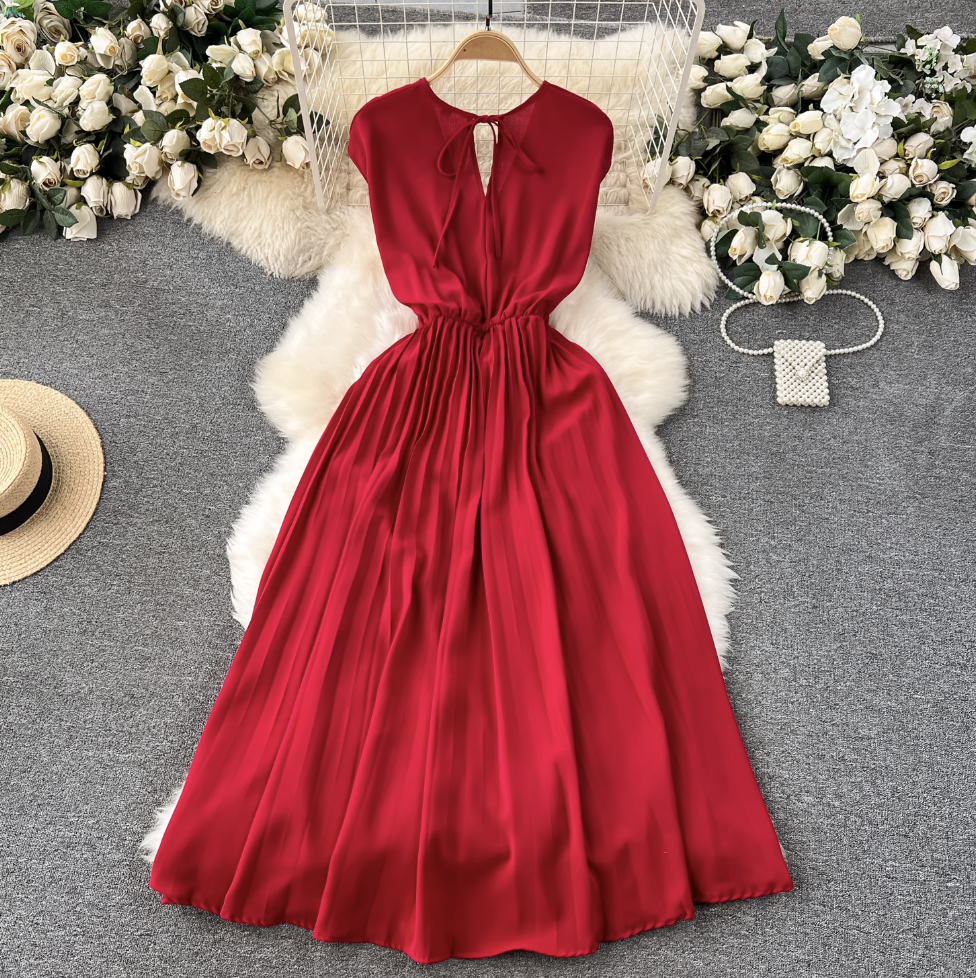 V-neck Knotted Bow Pleated Dress