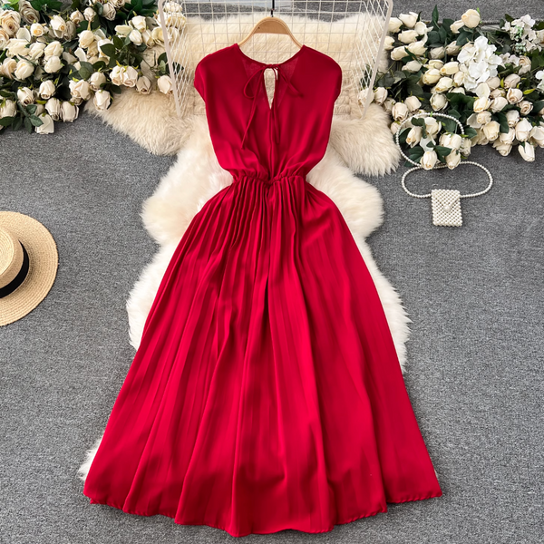 V-neck Knotted Bow Pleated Dress