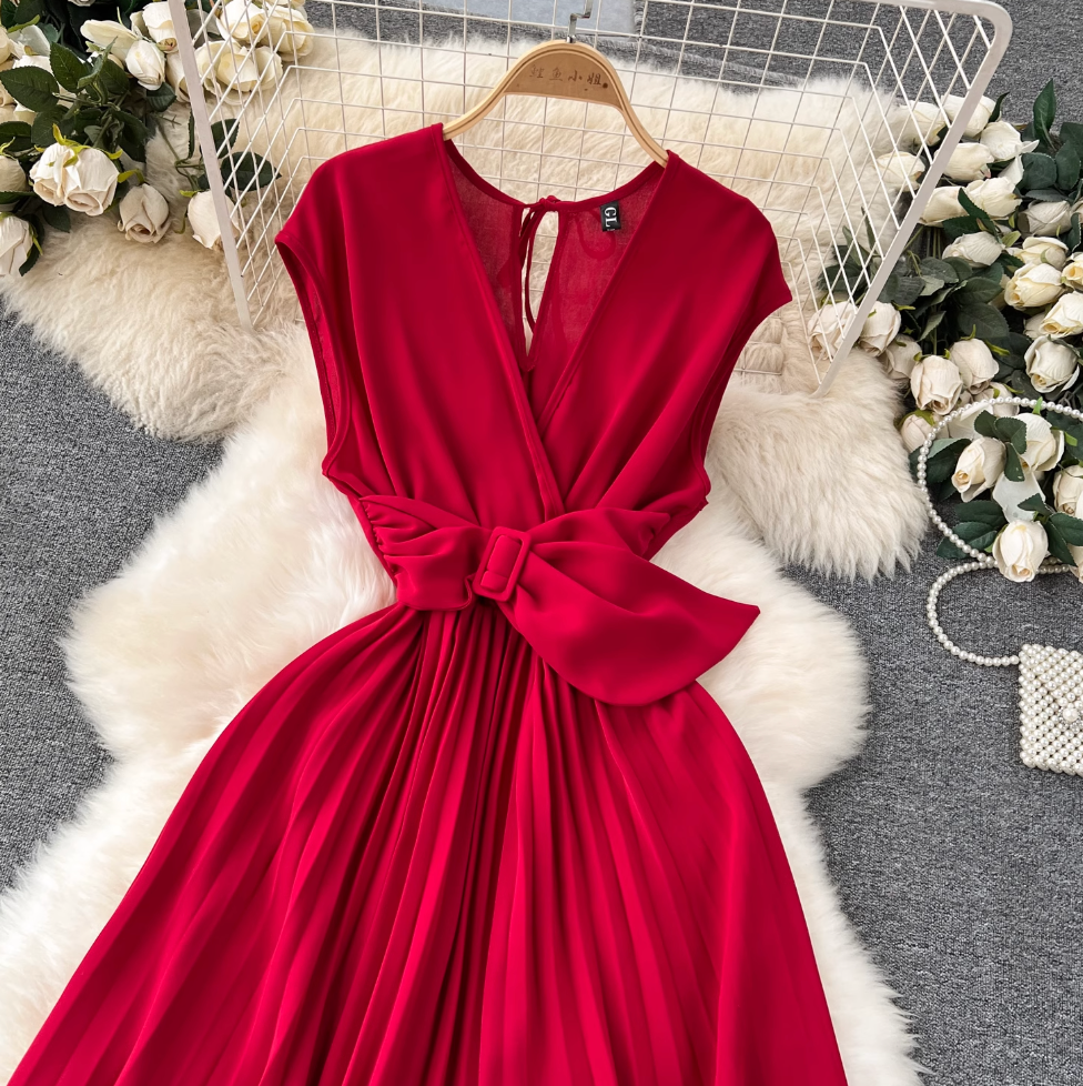 V-neck Knotted Bow Pleated Dress