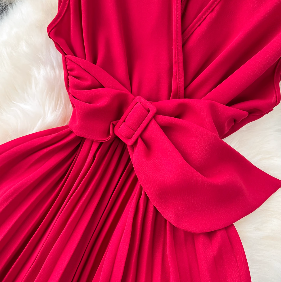 V-neck Knotted Bow Pleated Dress